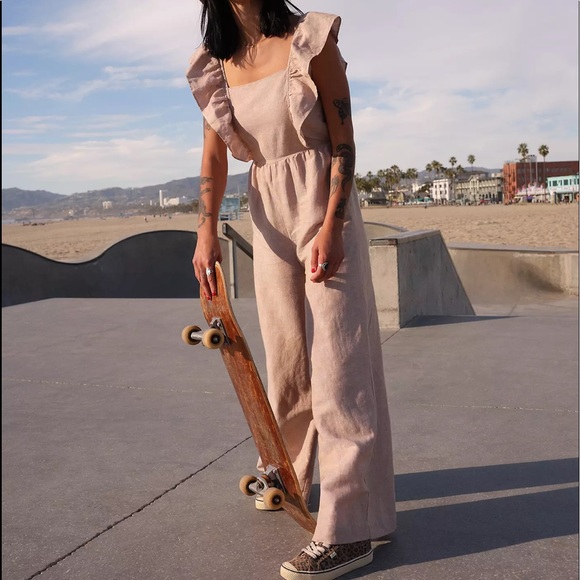 Madewell Pants - Madewell Blush Pink Ruffle Strap Linen Jumpsuit